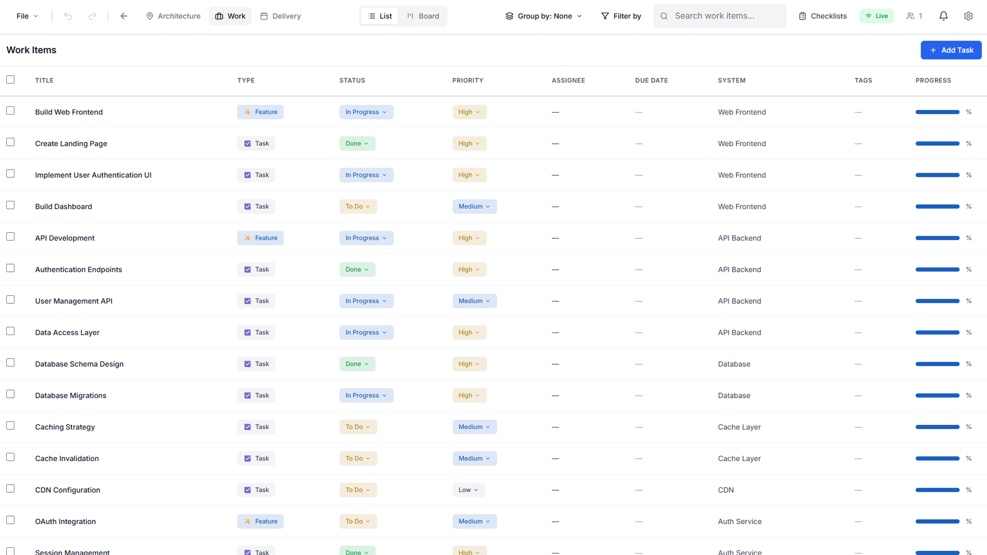 Work items view showing tasks and features linked to systems